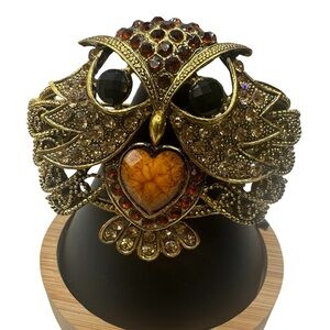 Antiqued Tone Owl Clamper Bracelet Rhinestone Statement Goth Heart Crystal Cuff